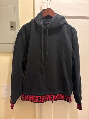 Men's Opening Ceremony Black pullover Hoodie Red Hem Lettering size XL
